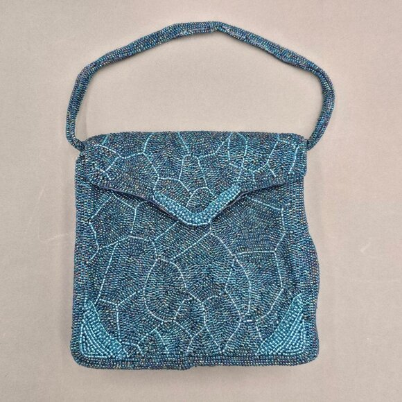 Estate Handbags - VTG Beaded Purse Made in Japan Blue Mosaic Iridescent Evening Bag Top Handle 60s